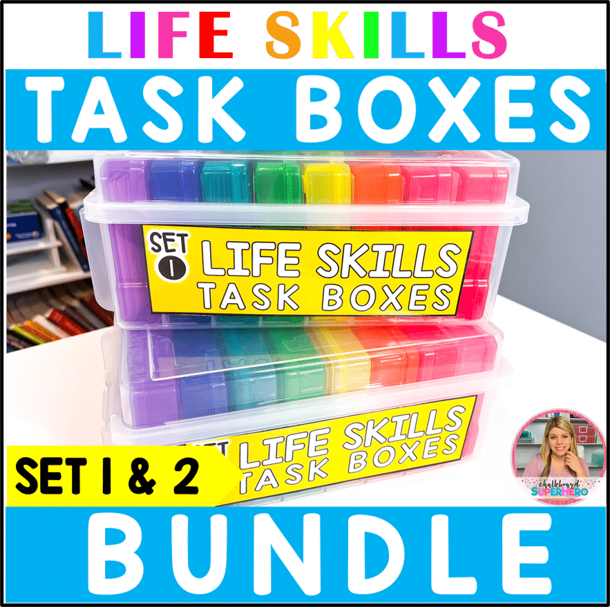 Life Skills Task Boxes set 1 & 2 Chalkboard Superhero